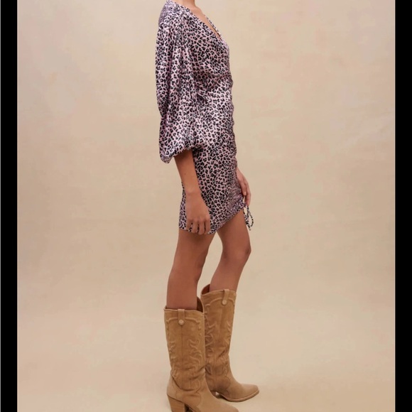 Maje Draped Drawstring Leopard Print Satin Dress Sz 42 XL Purple NEW NWT - Picture 6 of 11